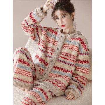 復古高級感暖絨保暖珊瑚絨家居服可外穿甜美學生法蘭絨秋冬睡衣女