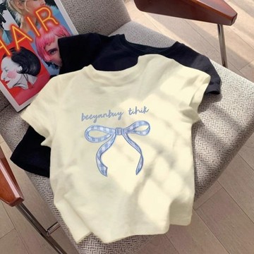 【臺灣-出貨】海洋藍正肩女童短袖 T 恤 夏季新款圓領百搭蝴蝶結公主風上衣 海洋藍 T 恤 圓領 T 恤