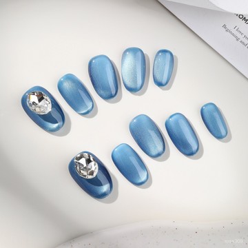 ✨Hannah✨卓詩美 純手工美甲 玻璃珠色貓眼顯白穿戴甲 高級藍短款指甲貼片精緻穿戴甲 FQO3