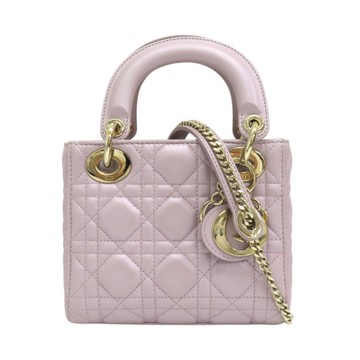 【二手名牌BRAND OFF】Dior 迪奧 粉色 籐格紋 羊皮 Lady Dior Mini 兩用包