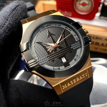 [星晴錶業]MASERATI手錶,42mm,R8851108002黑色錶面玫瑰金錶殼深黑色矽膠錶帶款