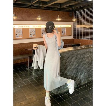 曾小咸主義灰色長款無袖開衩吊帶