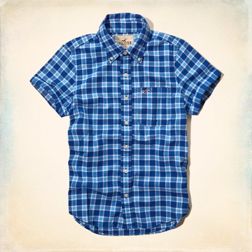 美國百分百【全新真品】Hollister Co. 襯衫 HCO 短袖 上衣 海鷗 寶藍 格紋 Logo 純棉 口袋 男 M L