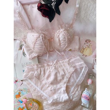 日系甜美復古少女宮廷穿絲帶薄款蕾絲無鋼圈聚攏內衣文胸套裝