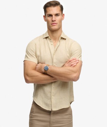 Superdry Men's Riviera Short Sleeve Linen Shirt Beige Size: L