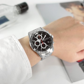 SEIKO 精工 / SND371P / 競速潮流 三眼計時 日期 防水100米 不鏽鋼手錶 黑色 38mm