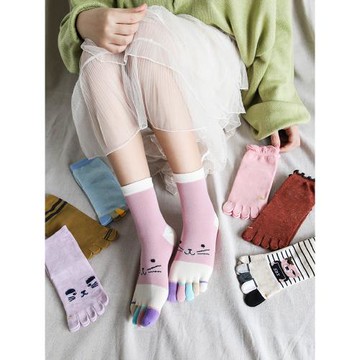 秋冬五指襪女純棉長厚款中筒彩指可愛卡通吸汗保暖分腳趾5雙包郵