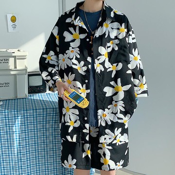 FINDSENSE X 時尚 韓潮 男士 街頭 休閒寬鬆 菊花印花 五分袖襯衫 套裝