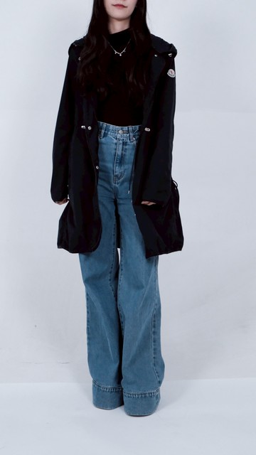 (S) moncler質感中長版風衣縮腰藍色外套