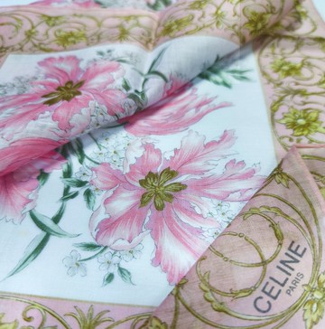 Celine Paris 復古手帕 粉色碎花 19x19 英吋