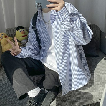 藍白條紋長袖襯衫男夏季薄款襯衣港風男裝休閑情侶春外套【不二雜貨】