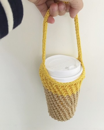 網狀編織水壺提袋 飲料提袋 黃與亞麻款