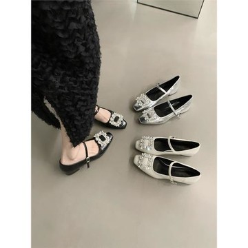 法式黑色方扣水鉆單鞋女鞋子2025新款夏季晚晚配裙子瑪麗珍小皮鞋
