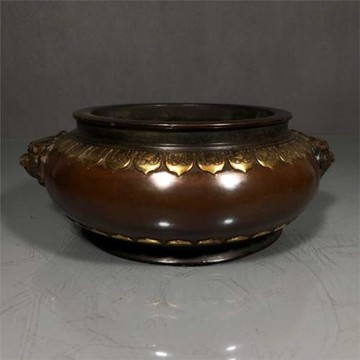 老件紫銅鎏金高7*21*12.3公分2.4公斤上下蓮花瓣瑞獸香爐擺件