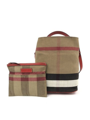 burberry 棕色 格紋帆布水桶包（附小包） 肩背包 手拿包