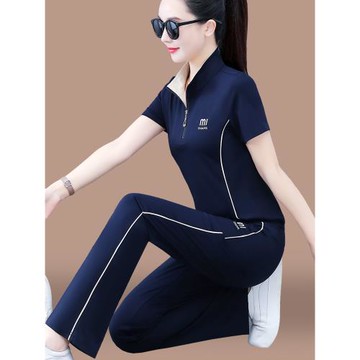 (免運)休閑運動套裝女夏季2025新款冰絲薄款洋氣顯瘦立領短袖長褲兩件套