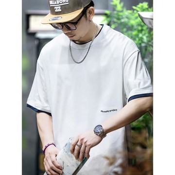 250g假兩件短袖t恤男夏季寬松潮牌ins純棉半袖大碼男士刺繡體恤潮