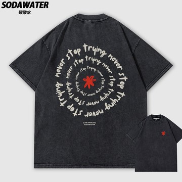 Never Stop Trying紅花插畫水洗純棉短T 美式復古街頭潮流oversize短袖 男女上衣 情侶裝寬鬆T恤