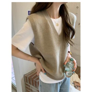V領無袖套頭羊毛針織打底衫女秋冬新款百搭寬松純色羊絨毛衣背心
