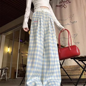 8419 名死忠粉🫶新款藍色格子褲直筒韓系時尚高腰夏季寬鬆褲女格子褲高個子加長版QCIX