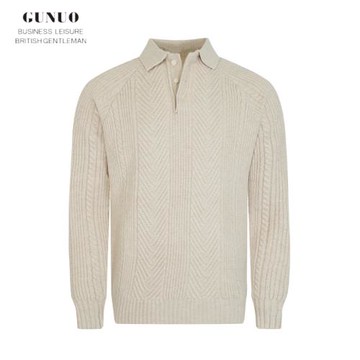 冬季新款時尚翻領長袖polo衫男英倫商務復古麻花加厚保暖羊毛衫男