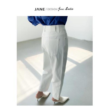 JANE白色高簡風通勤高腰微廓形梨形身材牛仔褲23早春直筒九分褲女