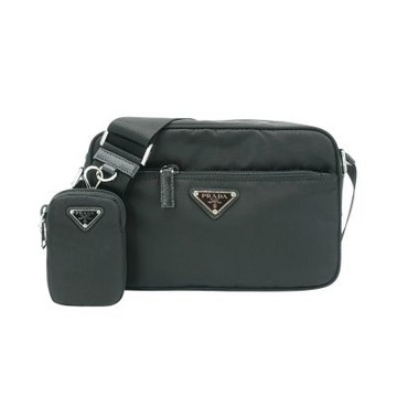Prada 普拉達 Saffiano 再生尼龍銀三角logo二合一拉鍊斜背包(1BC167-黑)