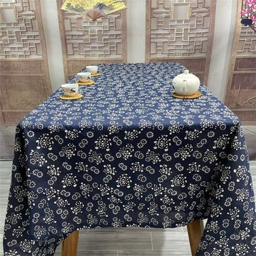 中國民族風棉麻青花布藝中式餐桌茶幾臺布長方形深藍復古印花桌布
