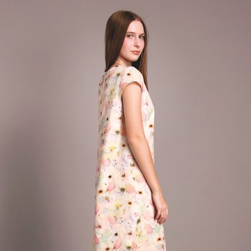 印花棉質連身裙，A 字版型，修身顯瘦，後拉鍊，內襯，S-XL。