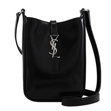 YSL Saint Laurent Le 5À7 漆面塗層迷你斜背手機包(黑/銀)