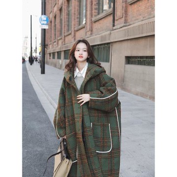 超長款毛呢外套女秋冬韓版寬松加厚格子斗篷大碼女裝過膝呢子大衣