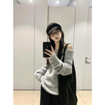 韓系松弛感慵懶風一字肩毛衣女秋冬2025新款高級感軟糯針織衫上衣