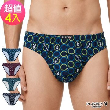 PLAYBOY絲光精梳棉兔頭印花三角褲(4件組)-多種印花隨機出貨