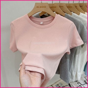 韓版圓領正肩短袖t卹女夏季2025新款歐貨顯瘦純色短上衣女ins潮 BEGJ
