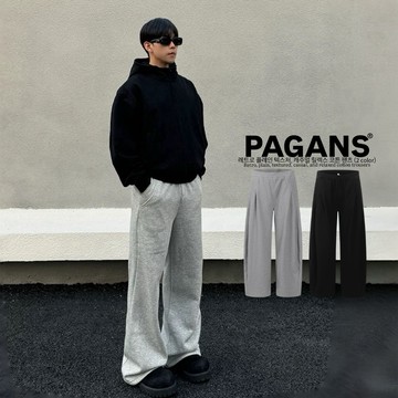 【PAGANS STORE】韓國 質感 素面 解構 慵懶 寬鬆 懶人 運動休閒 摺線 微喇叭 棉褲 微彎刀 棉長褲 長褲