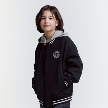 童裝 平織刺繡棒球外套(可拆帽) - 炭黑色