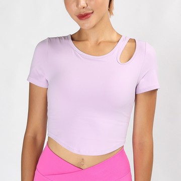 短版肩孔含罩杯圓擺瑜珈/運動/機能短袖*