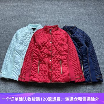 歐美單大碼女裝菱形格彈力拼接女夾棉薄棉外套花色絎棉立領棉上衣