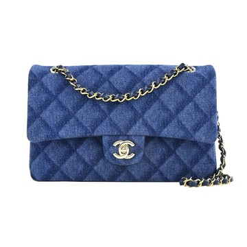 CHANEL 經典菱格紋牛仔印花帆布鏈帶肩背/斜背包(深藍)