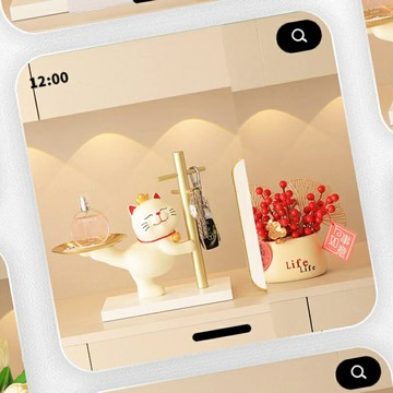 奶油風招財貓玄關鑰匙收納托盤鞋柜裝飾擺件輕奢新房喬遷送禮實用