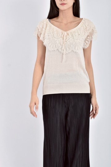 (S) 0918質感蕾絲針織粉色短袖上衣