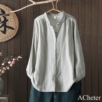 【ACheter】雙層棉紗長袖襯衫復古文藝寬鬆休閒百搭中長上衣# 123588(現貨+預購)