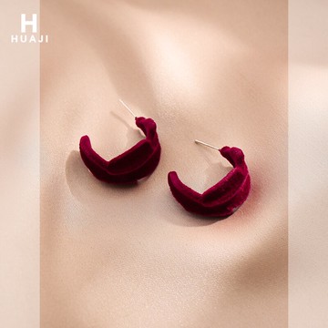 花跡暖色C型耳圈女秋冬款洋氣酒紅耳環高級感法式氣質名媛耳飾