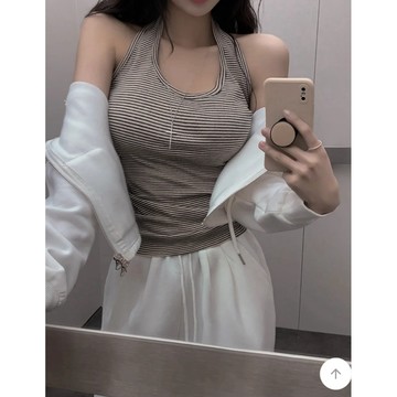 🇰🇷Korea韓國連線·正韓 繞頸削肩條紋背心 上衣 無袖上衣 無袖背心 橫條紋 削肩背心 露背 韓國女裝 東大門 春夏