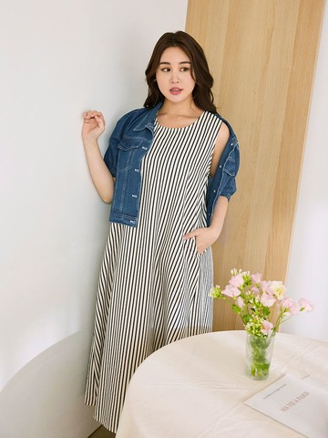 圓領直條紋寬鬆無袖長洋裝