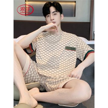 浪莎純棉睡衣男款短袖五分褲夏季薄款全棉休閑大碼家居服兩件套裝