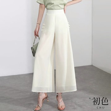 初色 式盤扣高腰開衩闊腿休閒褲寬褲九分長褲-共3色-12014(M-2XL可選)