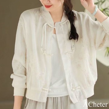 【ACheter】珍珠盤扣短外套重工緹花刺繡棒球領氣質甜美夾克# 123533(現貨+預購)
