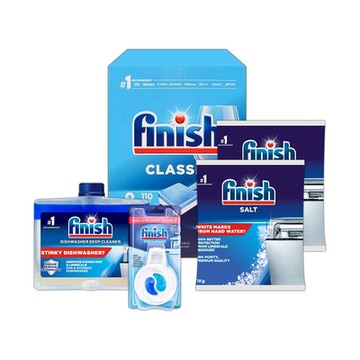 FINISH 雙效洗碗錠110入+機體清潔劑250ml+1kg軟化鹽x2 (贈除味芳香劑x1)