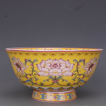 清乾隆粉彩黃地花紋面碗6寸仿古工藝瓷器家居餐具擺件古玩老收藏1入